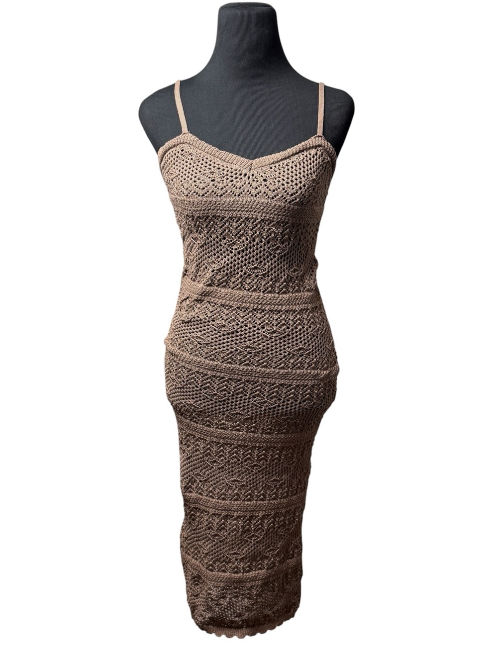 Women’s Crochet Knit Maxi Dress Brown Size M Boho Beach Cover Up Vacation Travel
